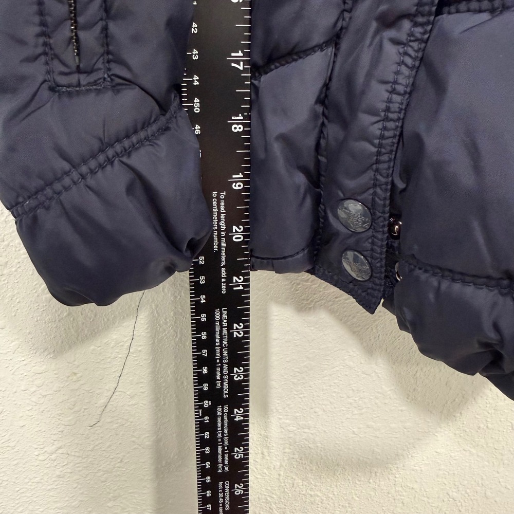American Eagle Outfitters Navy Blue Puffer Vest Faux Fur Hood Plaid Lining S/P - Picture 7 of 8